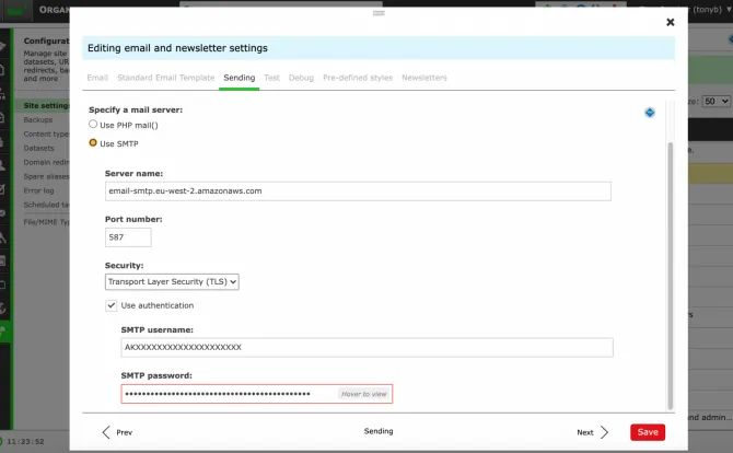 Email settings 2 SMTP