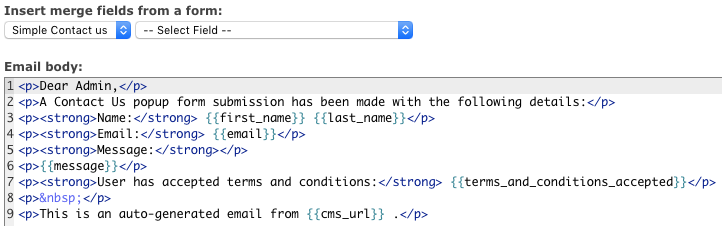 Email template merge fields with select list