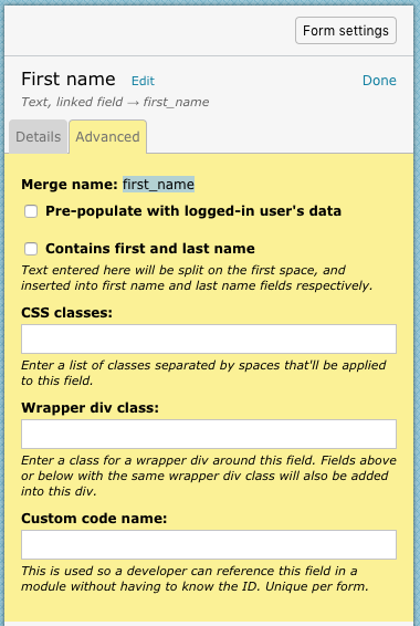 Form field merge name