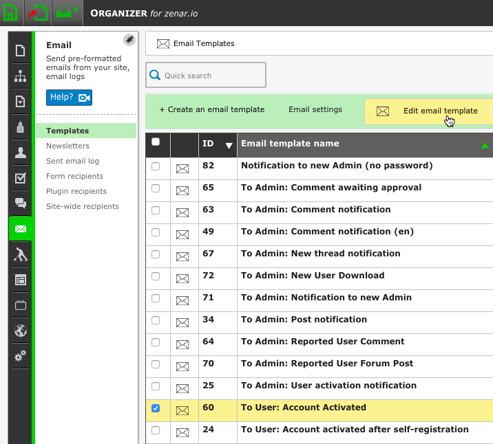 Organizer email templates