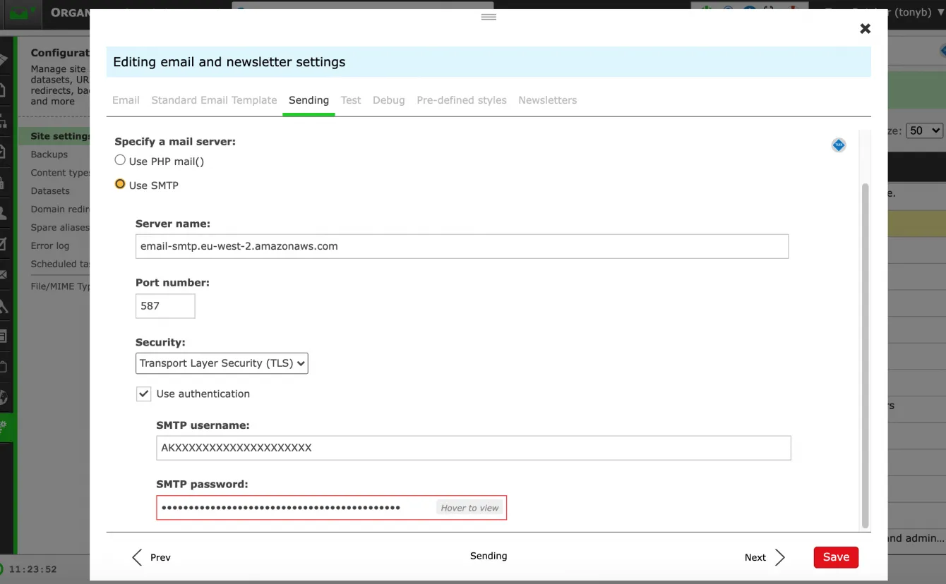 Email settings 2 SMTP