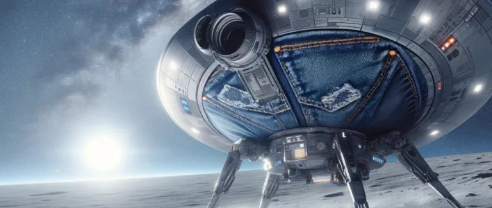 Futuristic spacecraft with a patch landing on a planet